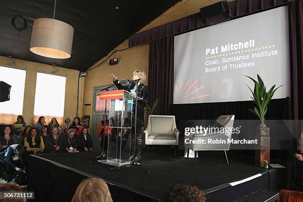 Sundance Institute Board of Trustees Chair, Pat Mitchell speaks on stage during the Women At Sundance Brunch during the 2016 Sundance Film Festival...