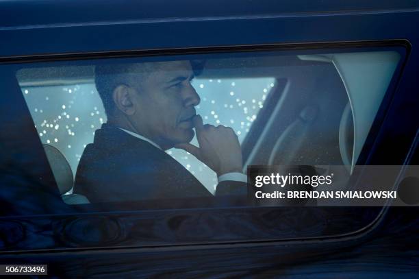 President Barack Obama is seen in an armored vehicle while arriving at Walter Reed National Military Medical Center January 25, 2016 in Bethesda,...