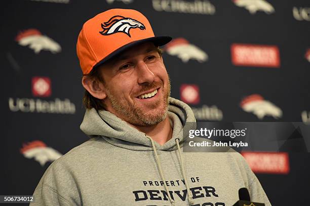 Denver Broncos tight end Owen Daniels addresses the media during a press conference January 25, 2016 at UCHealth Training Center.