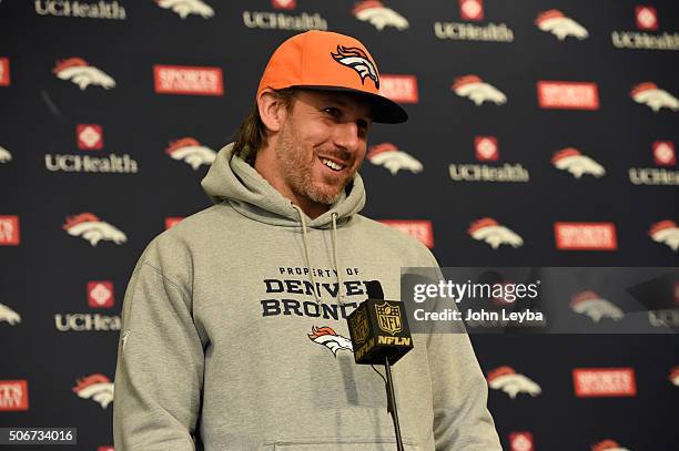Denver Broncos tight end Owen Daniels addresses the media during a press conference January 25, 2016 at UCHealth Training Center.