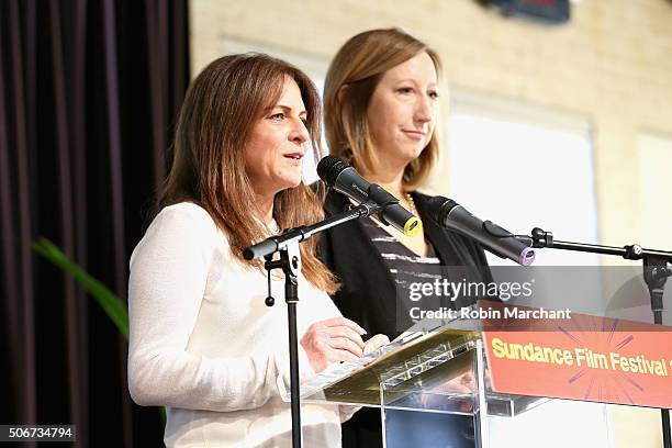 Women in Film Los Angeles Board President Cathy Schulman and Sundance Institute Executive Director Keri Putnam speak on stage during the Women At...