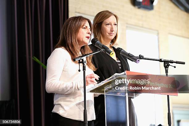 Women in Film Los Angeles Board President Cathy Schulman and Sundance Institute Executive Director Keri Putnam speak on stage during the Women At...