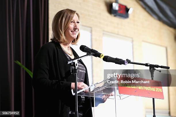 Sundance Institute Executive Director Keri Putnam speaks on stage during the Women At Sundance Brunch during the 2016 Sundance Film Festival at The...