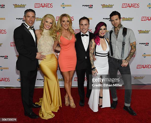 Adult film actor/director Mick Blue, co-hosts of the 2016 Adult Video News Awards adult film actress Anikka Albrite and comedian/actress Kate...