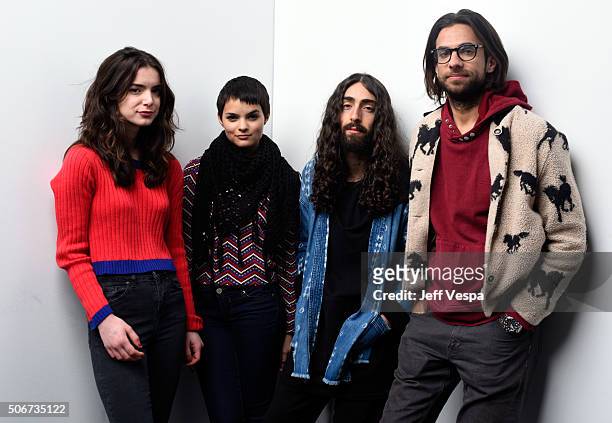 Actors Dylan Gelula, Brianna Hildebrand, Mateo Arias and writer/director Kerem Sanga from the film "First Girl I Loved" pose for a portrait during...