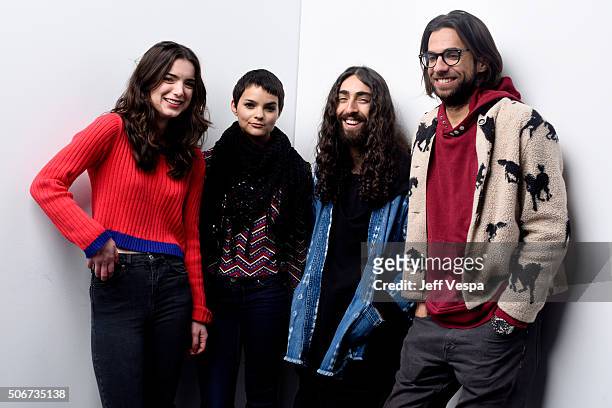 Actors Dylan Gelula, Brianna Hildebrand, Mateo Arias and writer/director Kerem Sanga from the film "First Girl I Loved" pose for a portrait during...