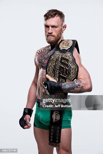 Conor McGregor of Ireland poses for a portrait during a UFC portrait session at MGM Grand Garden Arena on December 8, 2015 in Las Vegas, Nevada.