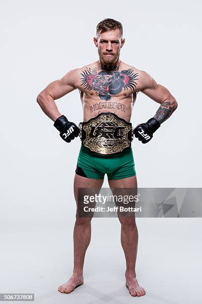 Conor McGregor of Ireland poses for a portrait during a UFC portrait session at MGM Grand Garden Arena on December 8, 2015 in Las Vegas, Nevada.