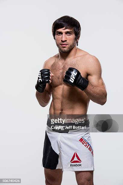 Magomed Mustafaev of Russia poses for a portrait during a UFC portrait session at MGM Grand Garden Arena on December 8, 2015 in Las Vegas, Nevada.