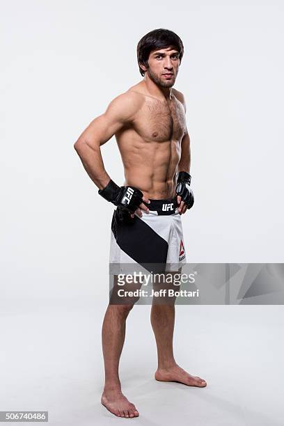 Magomed Mustafaev of Russia poses for a portrait during a UFC portrait session at MGM Grand Garden Arena on December 8, 2015 in Las Vegas, Nevada.