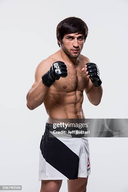 Magomed Mustafaev of Russia poses for a portrait during a UFC portrait session at MGM Grand Garden Arena on December 8, 2015 in Las Vegas, Nevada.