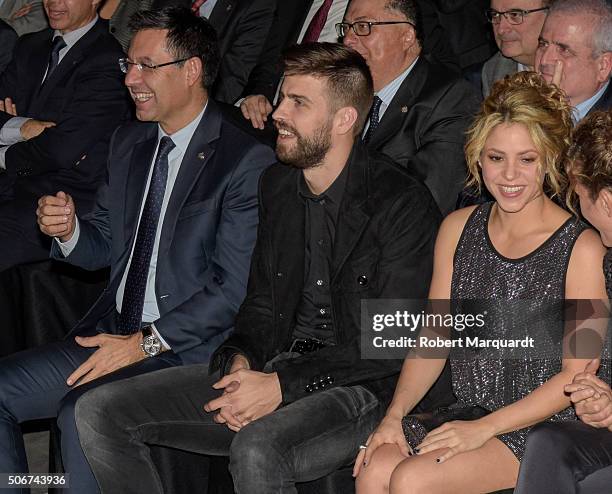 Josep Maria Bartomeu, Gerard Pique and Shakira attend the 'Festa De Esport Catala 2016 awards' on January 25, 2016 in Barcelona, Spain.