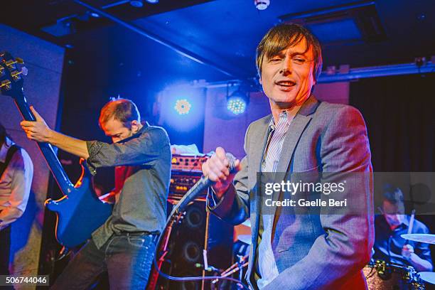 Mat Osman and Brett Anderson of Suede perform live at The Ace Hotel on January 25, 2016 in London, England.