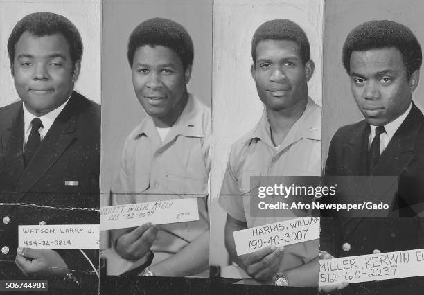 Larry J Watson, Myron L Hampton, William M Harris and Kerwin Eugene Miller at the United States Naval Academy, Annapolis, Maryland, 1971.