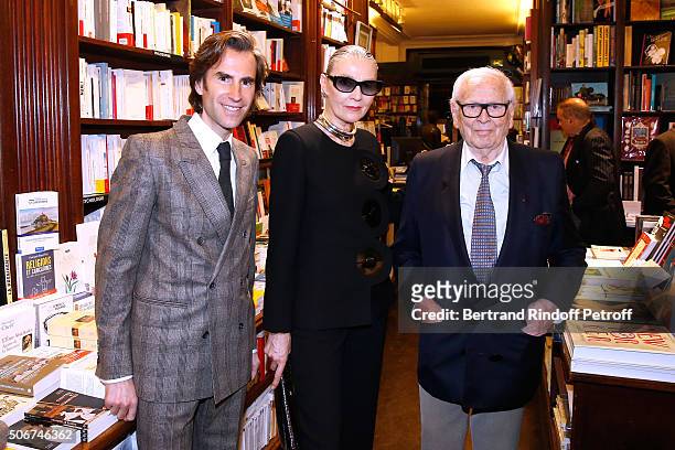 Pierre Pellegry, Maryse Gaspard and Pierre Cardin attend Princess Gloria Von Thurn und Taxis signs her Book 'The House of Thurn und Taxis'. Held at...