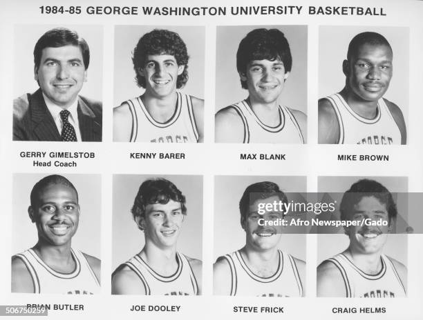 Benny Barer, Max Blank, basketball player Mike Brown, Brian Butler, Joe Dooley, Steve Frick and Craig Helms at George Washington University,...