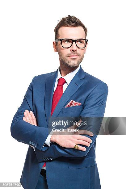 visionary leader. businessman wearing elegant suit and glasses - business man isolated bildbanksfoton och bilder