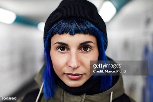 portrait of beautiful young girl - girl with blue hair stock pictures, royalty-free photos & images