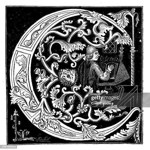 ilustraciones, imágenes clip art, dibujos animados e iconos de stock de pinturas antiguas ilustración de la letra c del manuscrito medieval - scribe