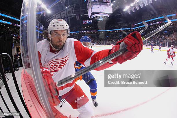 Eric Tangradi of the Detroit Red Wings skates in his first game with the team against the New York Islanders at the Barclays Center on January 25,...