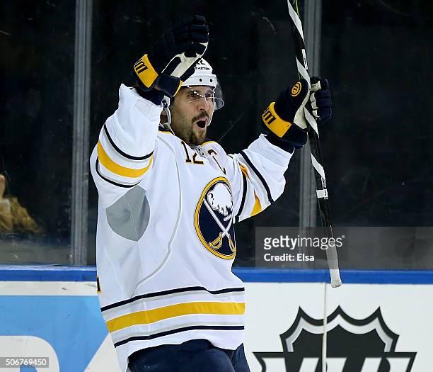 Brian Gionta of the Buffalo Sabres celebrates his goal in the first period against the New York Rangers at Madison Square Garden on January 25, 2016...
