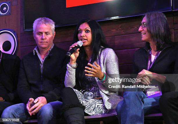 Blake Neely, Gingger Shankar and Miriam Cutler attends BMI's Roundtable "Music & Film: The Creative Process" at Samsung Innovation Studio on January...