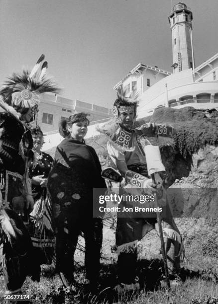 Sioux Tribesmen staking claim to live and farm on abandoned alcatraz prison island.