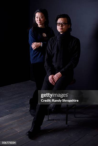 Producer Victoria Hon and director Yao Huang from the film "Pleasure. Love." pose for a portrait during the WireImage Portrait Studio hosted by Eddie...