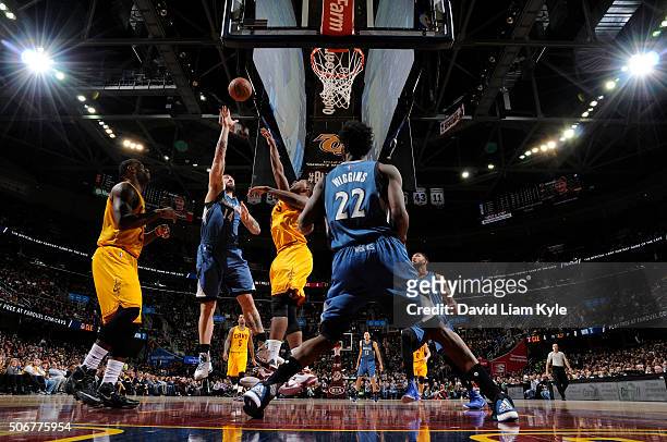 Nikola Pekovic of the Minnesota Timberwolves shoots against the Cleveland Cavaliers during the game on January 25, 2016 at Quicken Loans Arena in...
