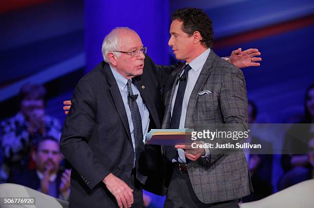 Democratic presidential candidate Senator Bernie Sanders participates in a town hall forum with moderator Chris Cuomo which is hosted by CNN at Drake...