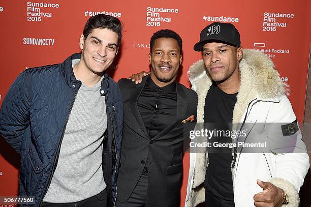 Zak Tanjeloff, Nate Parker, and Maxwell attend the "The Birth Of A Nation" Premiere during the 2016 Sundance Film Festival at Eccles Center Theatre...