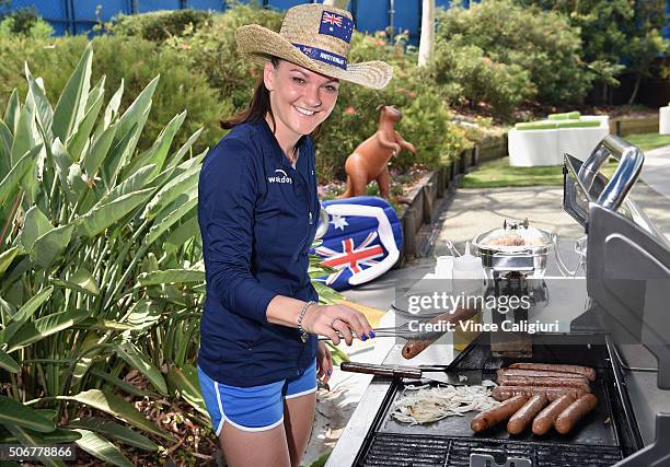 Agnieszka Radwanska of Poland helps cook an Australian inspired BBQ on Australia Day during day nine of the 2016 Australian Open at Melbourne Park on...