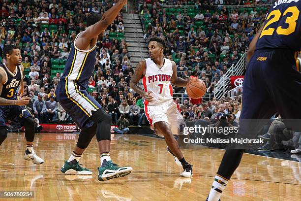 Brandon Jennings of the Detroit Pistons drives to the basket against the Utah Jazz during the game on January 25, 2016 at Vivint Smart Home Arena in...