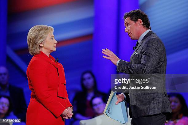 Democratic presidential candidate Hillary Clinton participates with moderator Chris Cuomo in a town hall forum hosted by CNN at Drake University on...