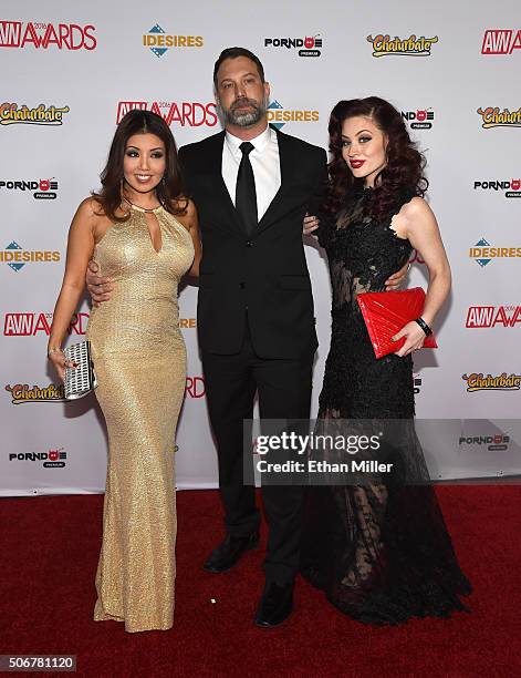 Adult film actress Akira Lane, adult film videographer/director Daemon Cins and adult film actress Jessica Ryan attend the 2016 Adult Video News...