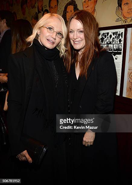 Ellen Barkin and Julianne Moore attend the Arthur Miller - One Night 100 Years Benefit at Lyceum Theatre on January 25, 2016 in New York City.