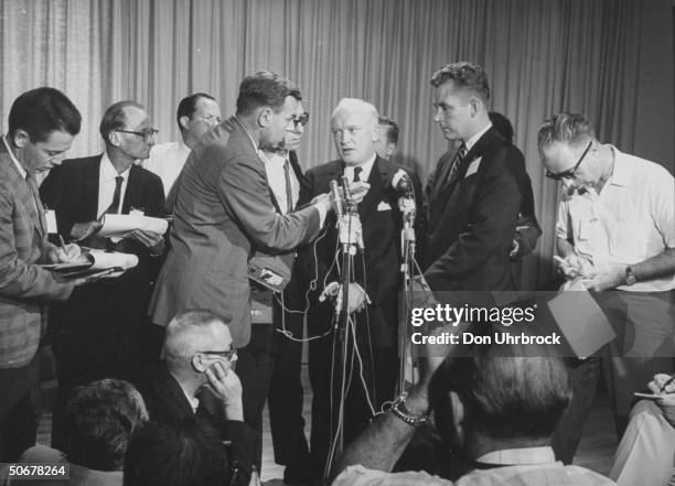 Lawyer James B. Donovan , who secured release of American prisoners from Cuba, talking to reporters.