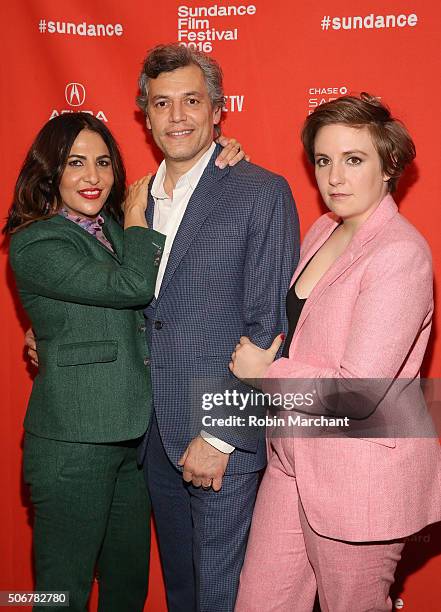 Jennifer Konner, director Jason Benjamin, and Lena Dunham attends the "Suited" Premiere during the 2016 Sundance Film Festival at Temple Theater on...