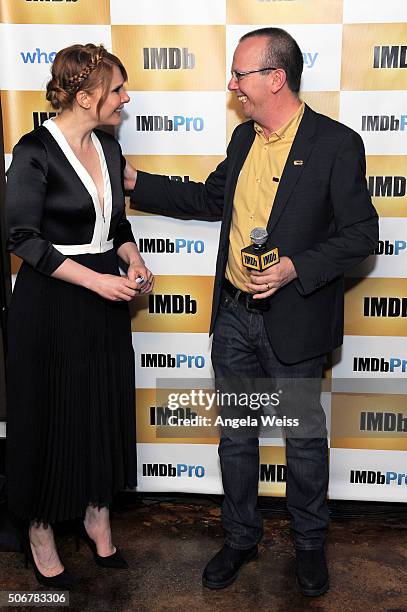 Founder and CEO of IMDb Col Needham presents Bryce Dallas Howard with an IMDb STARmeter Award on January 25, 2016 in Park City, Utah.