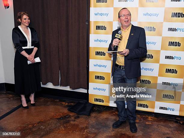 Founder and CEO of IMDb Col Needham presents Bryce Dallas Howard with an IMDb STARmeter Award on January 25, 2016 in Park City, Utah.