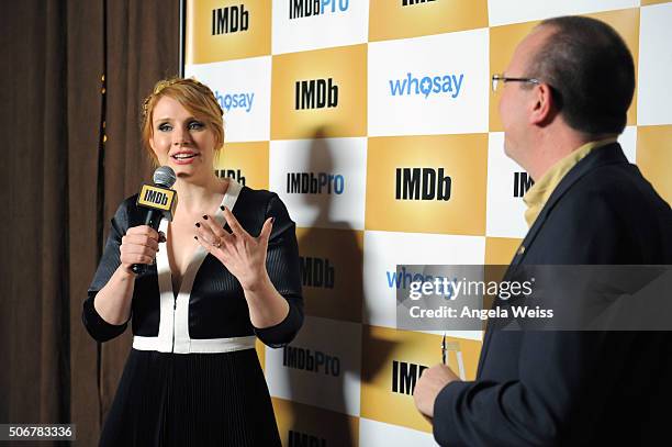 Founder and CEO of IMDb Col Needham presents Bryce Dallas Howard with an IMDb STARmeter Award on January 25, 2016 in Park City, Utah.