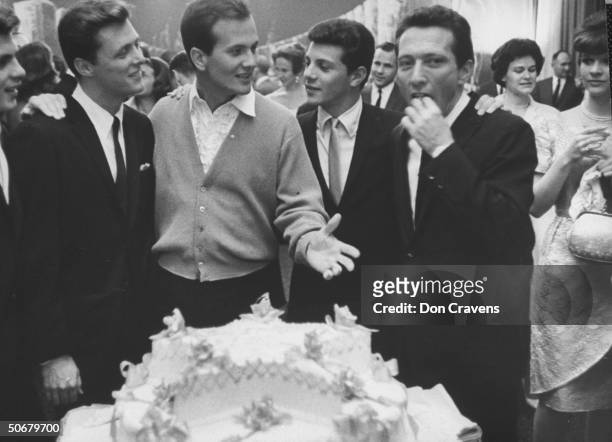 Fabian Forte , Edward Byrnes Kookie , Pat Boone , Frankie Avalon , Andy Williams at Pat Boone's 27th birthday celebration at The Ambassador Hotel.