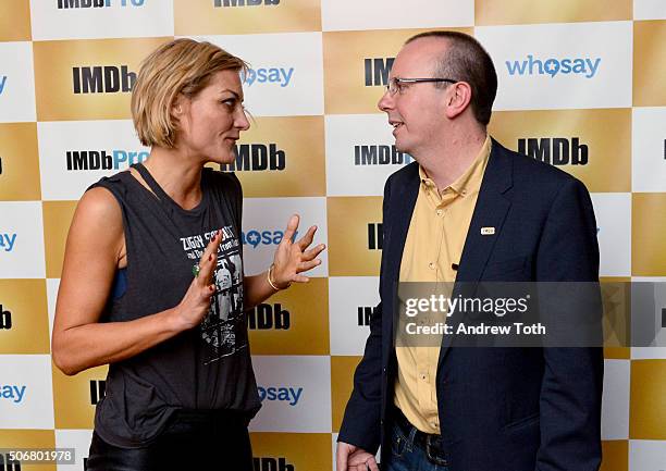 Director Lucy Walker and founder and CEO of IMDb Col Needham attend a party, hosted by IMDb, celebrating Bryce Dallas Howard receiving an IMDb...