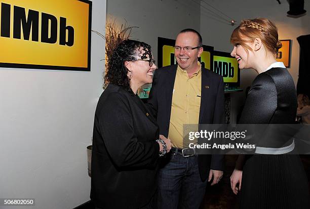 Executive at IMDb Karen Needham, founder and CEO of IMDb Col Needham, and actress Bryce Dallas Howard attend a party, hosted by IMDb, celebrating...