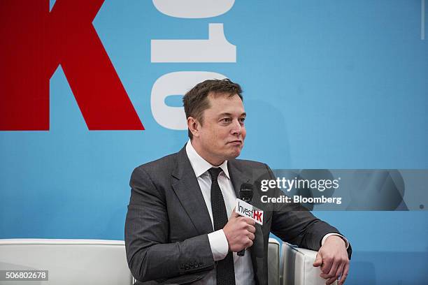 Billionaire Elon Musk, chief executive officer of Tesla Motors Inc., pauses as he speaks during the StartmeupHK Venture Forum in Hong Kong, China, on...