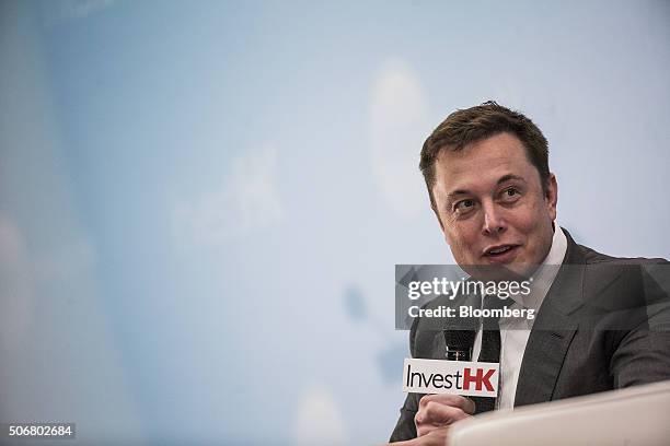 Billionaire Elon Musk, chief executive officer of Tesla Motors Inc., speaks during the StartmeupHK Venture Forum in Hong Kong, China, on Tuesday,...