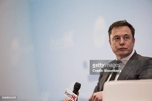 Billionaire Elon Musk, chief executive officer of Tesla Motors Inc., listens during the StartmeupHK Venture Forum in Hong Kong, China, on Tuesday,...