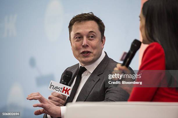 Billionaire Elon Musk, chief executive officer of Tesla Motors Inc., speaks during the StartmeupHK Venture Forum in Hong Kong, China, on Tuesday,...