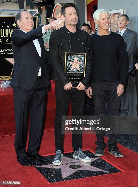 Actor Garry Shandling, actor David Duchovny and writer/director Chris Carter attend the star on the Hollywood Walk of Fame ceremony honoring David...