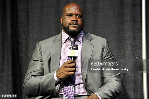 Former NBA player Shaquille O'neal speaks during the 12th Annual Lakers All-Access at Staples Center on January 25, 2016 in Los Angeles, California.